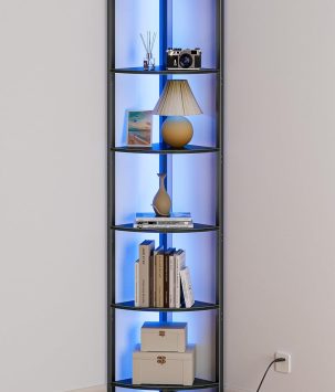 Furnulem 6 Tier Corner Shelf with LED Light, 67.5” Tall Standing Shelf Organizer, Black Narrow Bookshelf with Storage Rack for Wall Corner, Living Room, Bedroom, Metal Frame, Wood Display Shelf